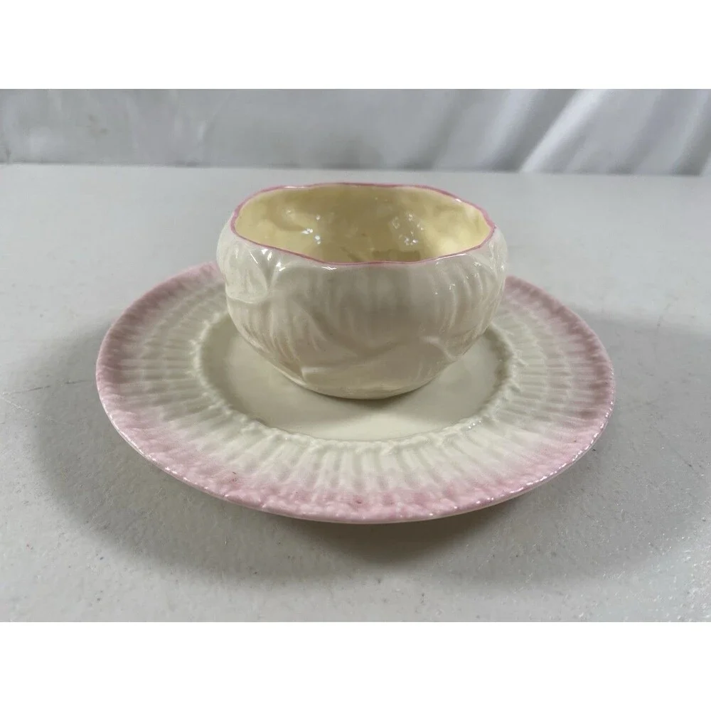 Antique Belleek Black Mark Pink Porcelain Cup & Saucer #770